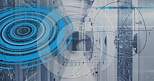 Image of scope scanning with data processing and mathematical equations over server room
