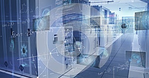 Image of scope scanning with data processing and mathematical equations over server room