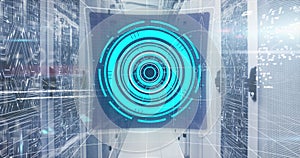 Image of scope scanning with data processing and mathematical equations over server room