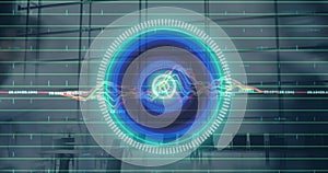 Image of scope scanning and data processing over business people walking at airport