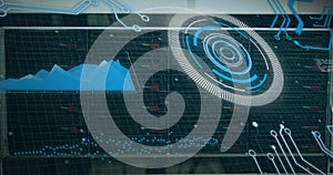 Image of scope scanning and data processing over cables in computer server in background
