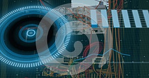 Image of scope scanning and data processing over cables in computer server in background