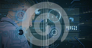 Image of scope scanning and data processing over caucasian it man fixing computer server