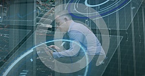 Image of scope scanning and data processing over caucasian it man fixing computer server