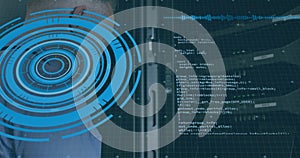 Image of scope scanning and data processing over caucasian it man fixing computer server