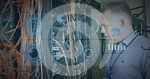 Image of scope scanning and data processing over caucasian it man fixing computer server