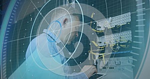 Image of scope scanning and data processing over caucasian it man fixing computer server