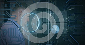 Image of scope scanning and data processing over caucasian it man fixing computer server