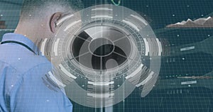 Image of scope scanning and data processing over caucasian it man fixing computer server