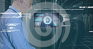 Image of scope scanning and data processing over caucasian it man fixing computer server