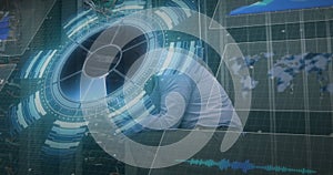 Image of scope scanning and data processing over caucasian it man fixing computer server