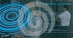 Image of scope scanning and data processing over caucasian it technicians by computer server