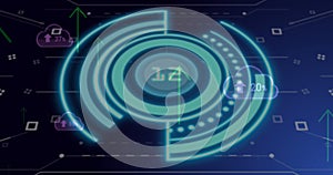 Image of scope scanning with data processing over cloud icons and shapes