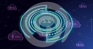 Image of scope scanning with data processing over cloud icons and shapes