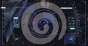 Image of scope scanning and data processing over diverse people in bus