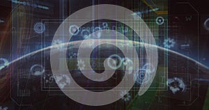 Image of scope scanning and data processing over globe and server room