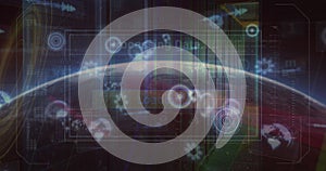 Image of scope scanning and data processing over globe and server room