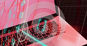 Image of scope scanning and data processing over laptop with blank screen