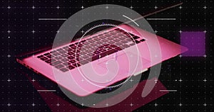 Image of scope scanning and data processing over laptop with blank screen