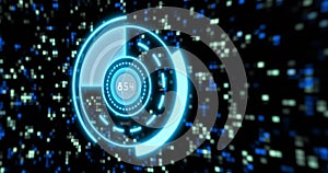 Image of scope scanning with data processing over padlock icon and moving columns