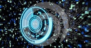 Image of scope scanning with data processing over padlock icon and moving columns