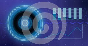 Image of scope scanning and data processing over purple background