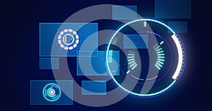 Image of scope scanning and data processing over screens on blue background