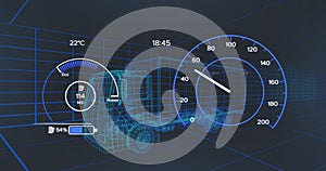 Image of scope scanning and data processing over stock market on black background
