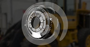 Image of scope scanning and data processing over stock market on black background