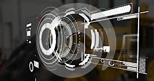 Image of scope scanning and data processing over stock market on black background