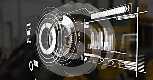 Image of scope scanning and data processing over stock market on black background