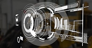 Image of scope scanning and data processing over stock market on black background