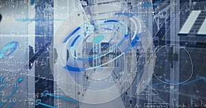 Image of scope scanning and data processing over tech room with computer servers