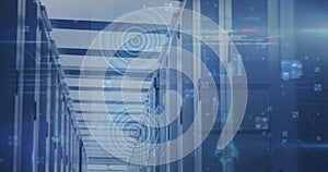 Image of scope scanning and data processing over tech room with computer servers