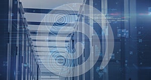 Image of scope scanning and data processing over tech room with computer servers