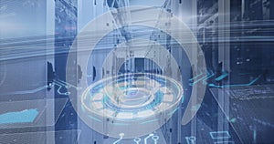 Image of scope scanning and data processing over tech room with computer servers