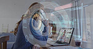 Image of scope scanning and data processing over woman using laptop on image call