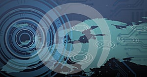 Image of scope scanning with data processing over world map in background
