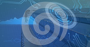 Image of scope scanning and data processing with processor elements over modern skyscraper