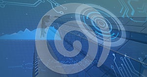 Image of scope scanning and data processing with processor elements over modern skyscraper