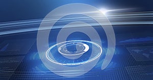 Image of scope scanning and data processing on screens over blue background