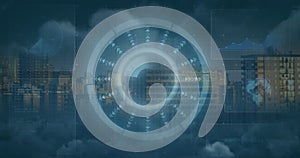 Image of scope scanning and data processing on screens over cityscape