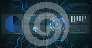 Image of scope scanning and data processing on screens over computer circuit board