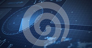 Image of scope scanning and data processing on screens over grid on blue background