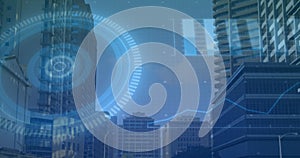 Image of scope scanning and data processing on screens over modern buildings