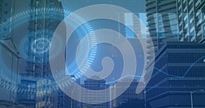 Image of scope scanning and data processing on screens over modern buildings