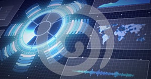 Image of scope scanning, data processing and world map on screens over grid