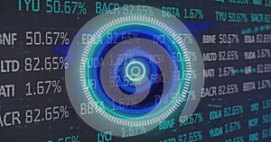Image of scope scanning and financial data processing on black background