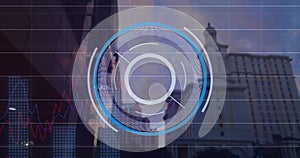 Image of scope scanning and financial data processing over cityscape