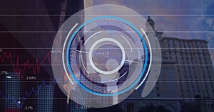 Image of scope scanning and financial data processing over cityscape